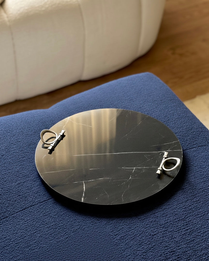 Asia Black Circular Tray ( silver Handles )
