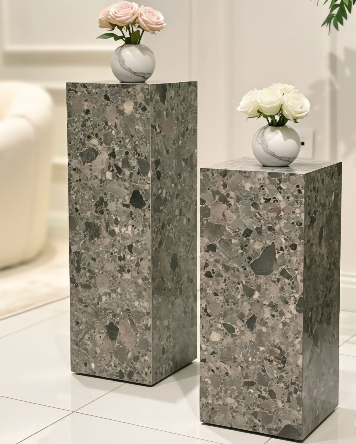 Grey Glossy Pedestal ( available 3 sizes) Marble-Like
