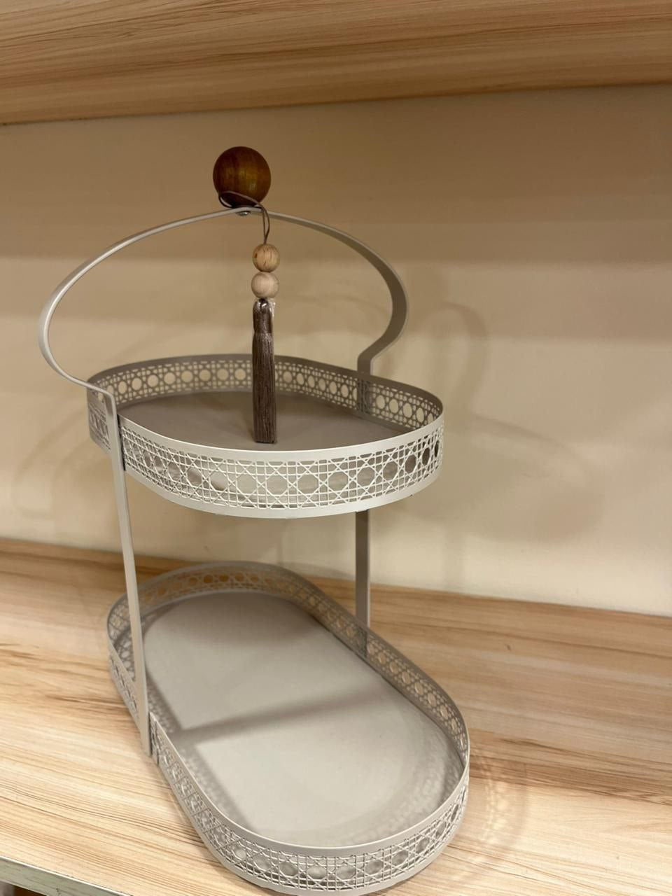 Elegant 2-Tier Metal Ramadan Serving Tray – Modern Decorative Stand (Beige)