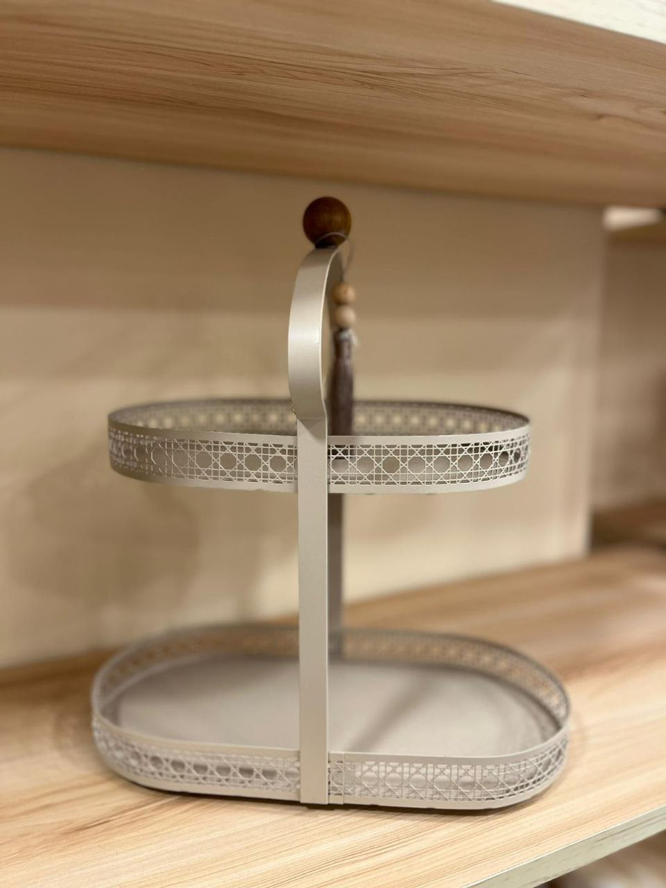 Elegant 2-Tier Metal Ramadan Serving Tray – Modern Decorative Stand (Beige)