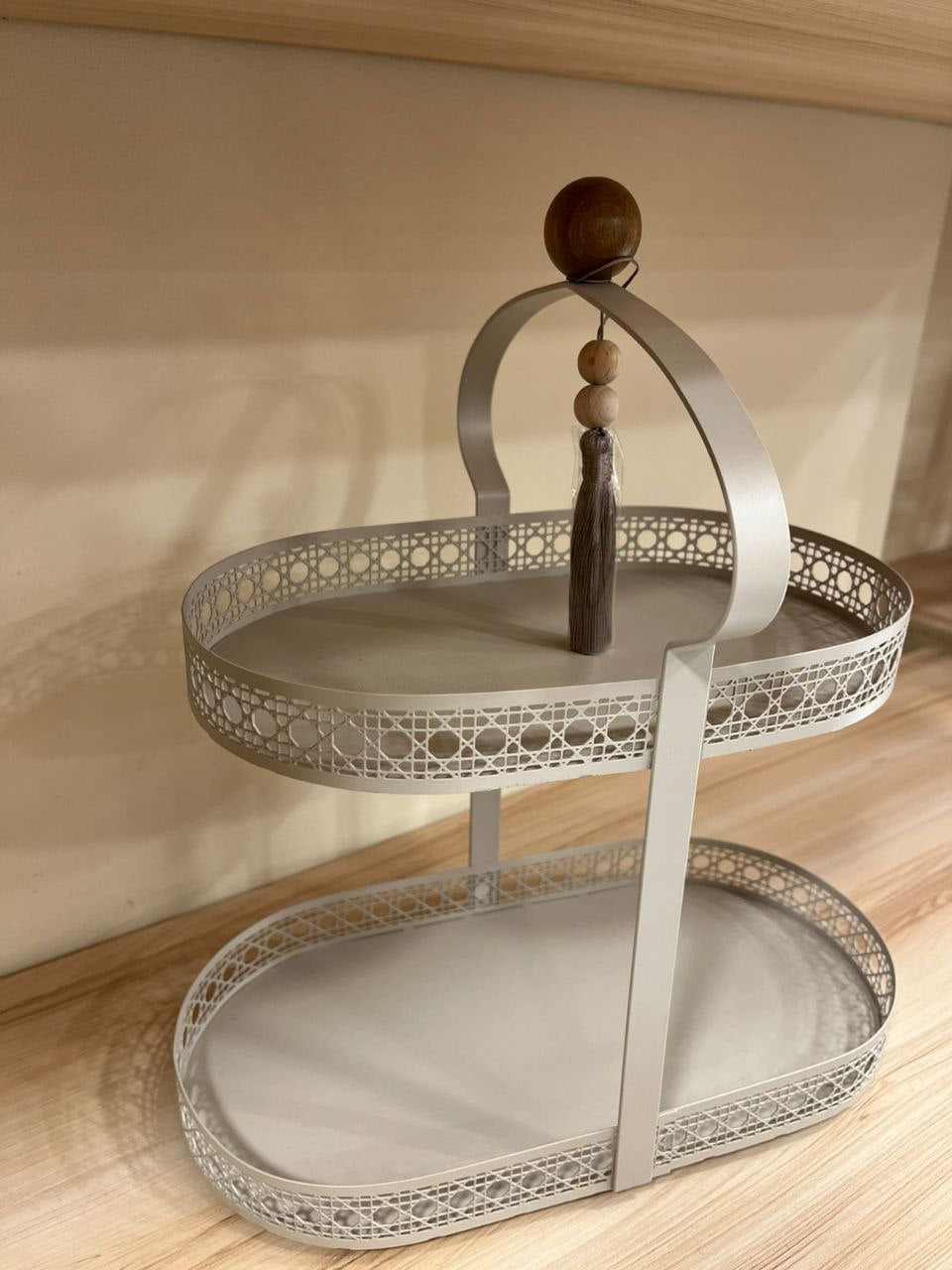 Elegant 2-Tier Metal Ramadan Serving Tray – Modern Decorative Stand (Beige)