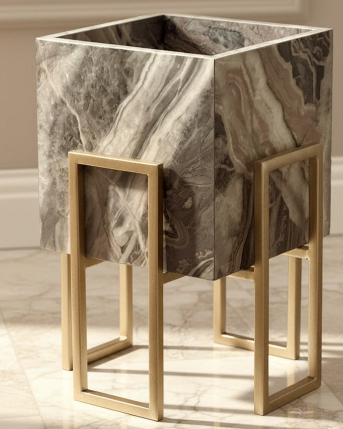Gold Stand Creamy beige glossy plant pot (2 Sizes Available) Alike Marble