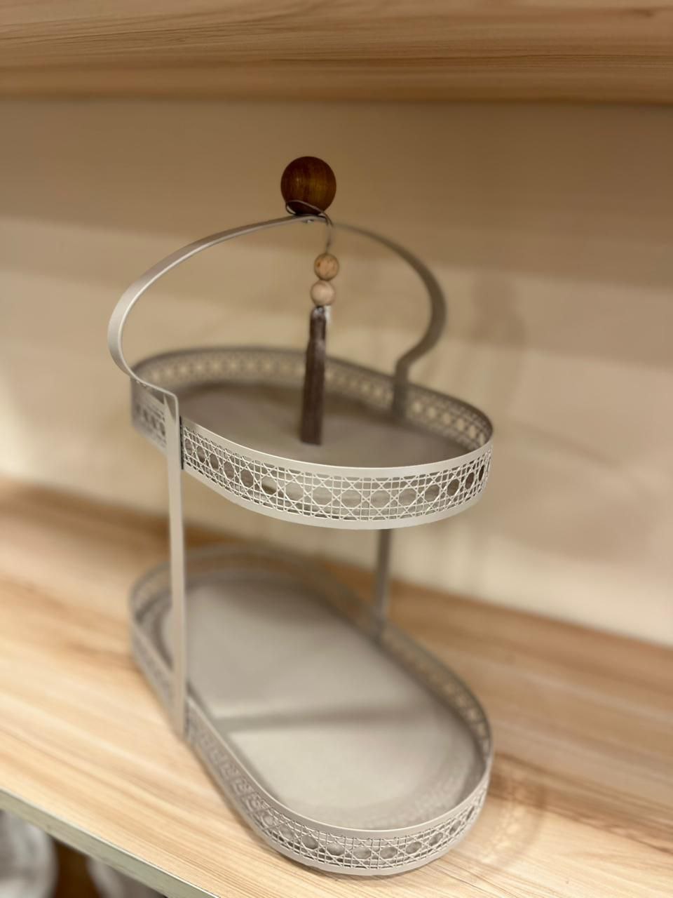 Elegant 2-Tier Metal Ramadan Serving Tray – Modern Decorative Stand (Beige)